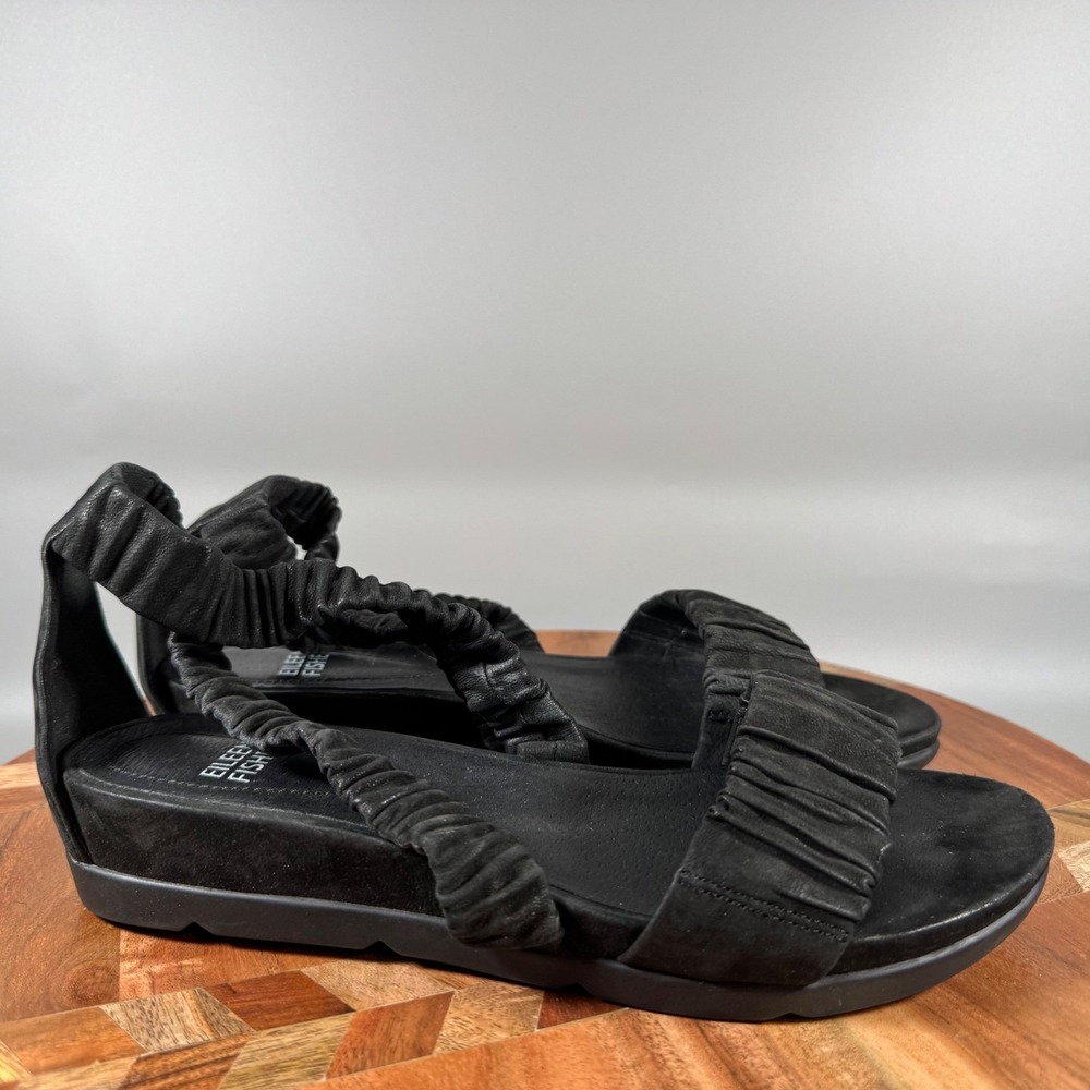 Eileen Fisher Willow Black Suede Ruched Strap Platform Sandals Womens 6